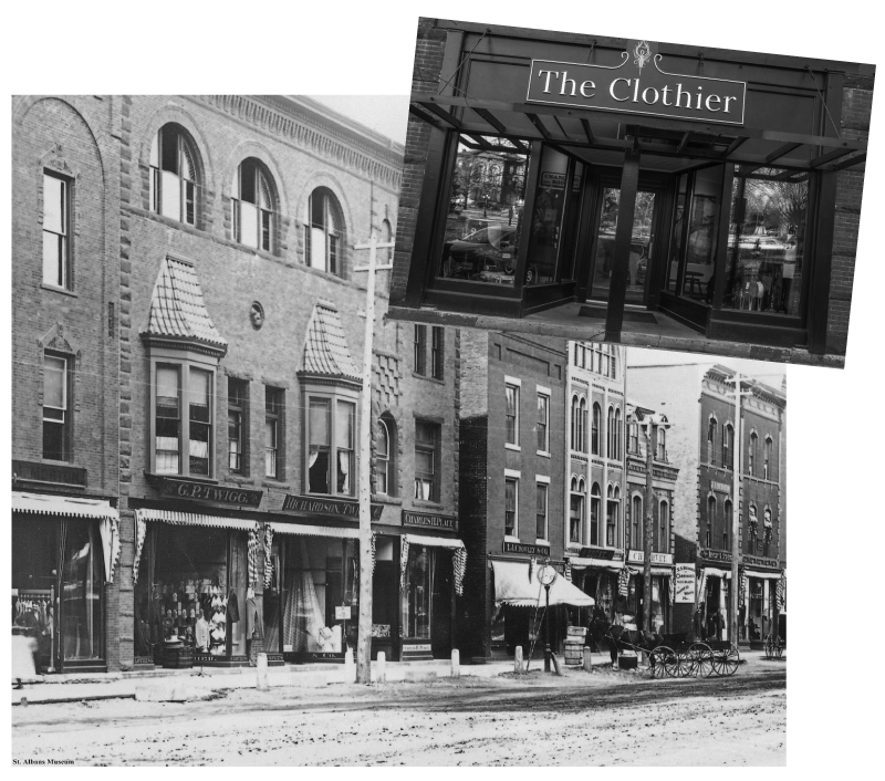 An old photo of GP Twigg's storefront and a photo of The Clothier storefront today